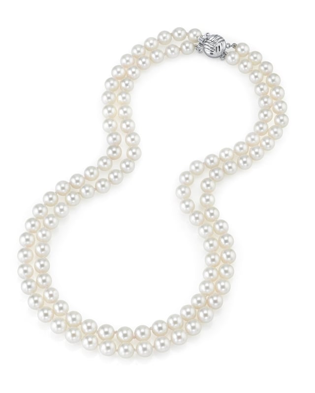 16 7.5-8mm Double Strand Pearl Necklace with 14K White Gold Decorative Clasp