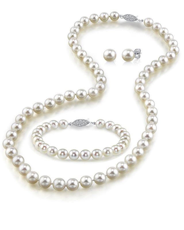 Long 25" 7-8mm Natural White Akoya Cultured Pearl 14K GP Clasp Necklace AA+ 