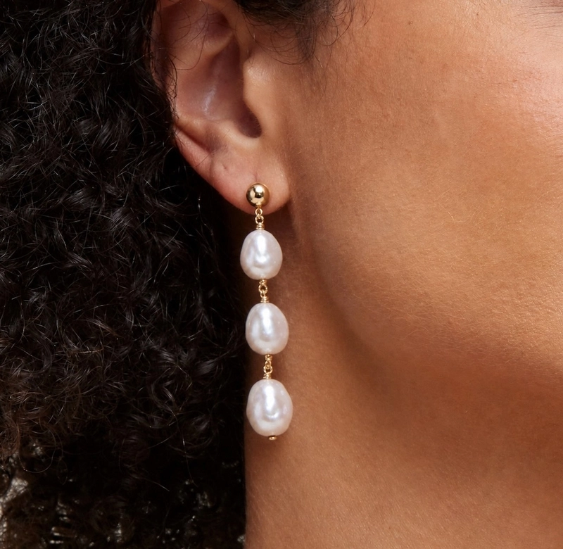 Japanese White Akoya Baroque Pearl Becca Earrings - Model Image