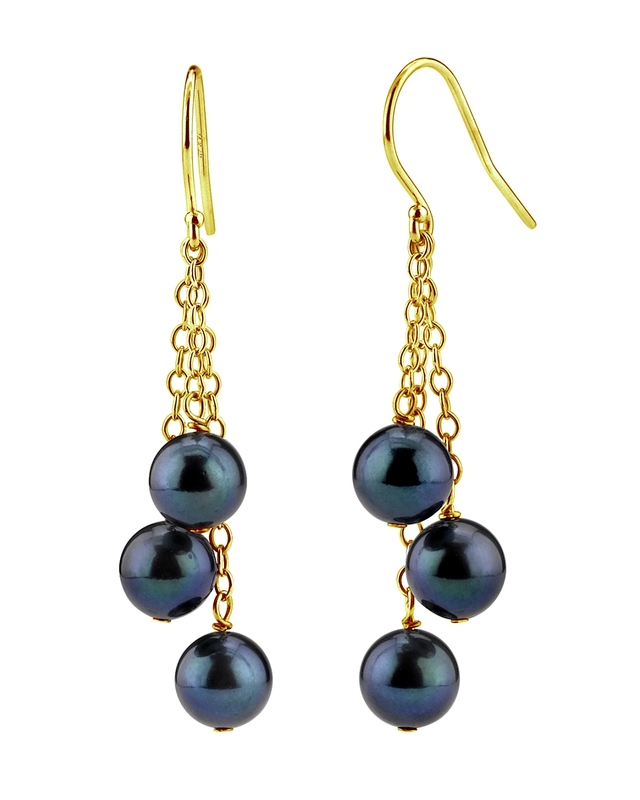 14K Gold Black Akoya Pearl Dangle Cluster Earrings - Secondary Image
