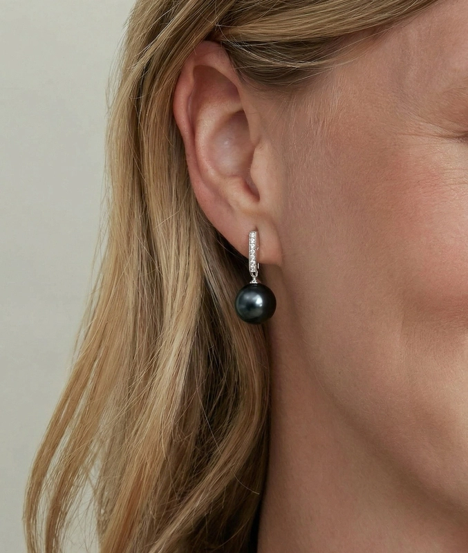 Black Akoya Pearl Dangling Diamond Earrings - Secondary Image