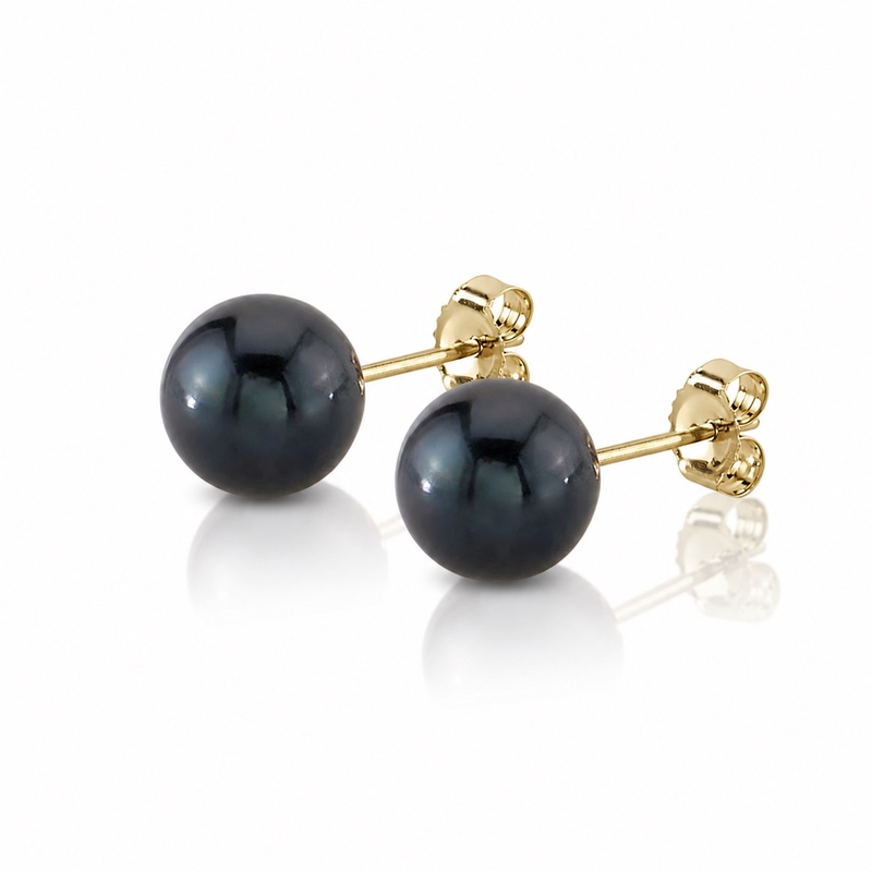 7.0-7.5mm Black Akoya Round Pearl Stud Earrings