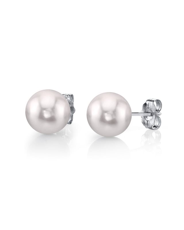 Starlight Collection 7.0-7.5 mm White Akoya Pearl & Diamond Stud Earrings 14K Yellow Gold by Pearl Paradise