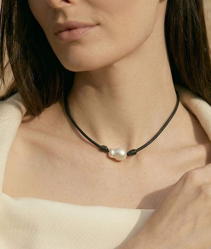 White South Sea Baroque Pearl Leather Adjustable Necklace - Various Sizes - Model Image