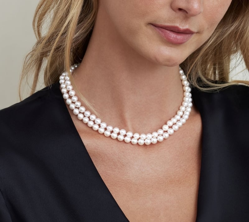 Japanese Akoya White Pearl Double Strand Necklace - Model Image