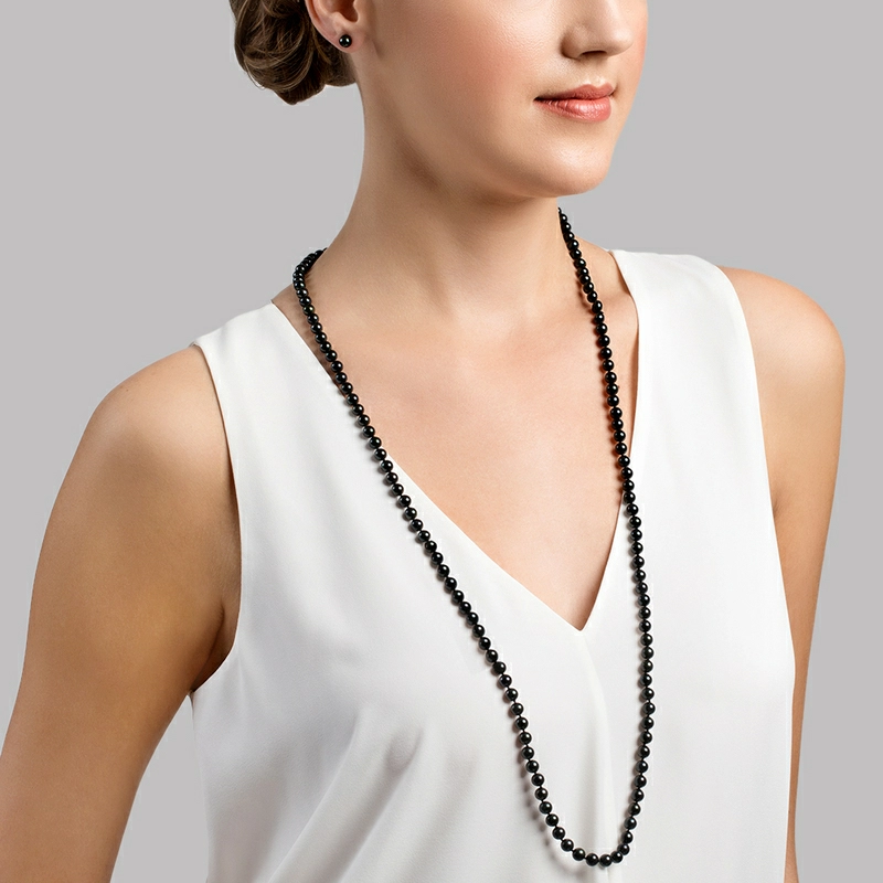 Opera Length Japanese Akoya Black Pearl Necklace - Model Image
