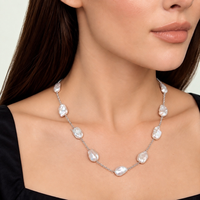 White Freshwater Cultured Keshi Pearl Rhodes Necklace for Women - Secondary Image
