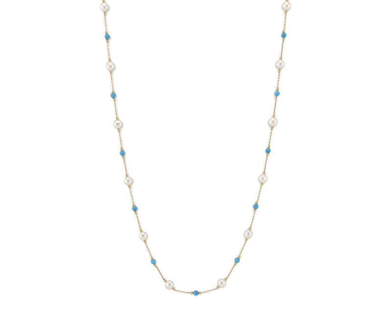 White Freshwater Pearl Tincup Turquoise Necklace - Model Image