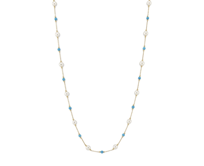 White Freshwater Pearl Tincup Turquoise Necklace - Model Image