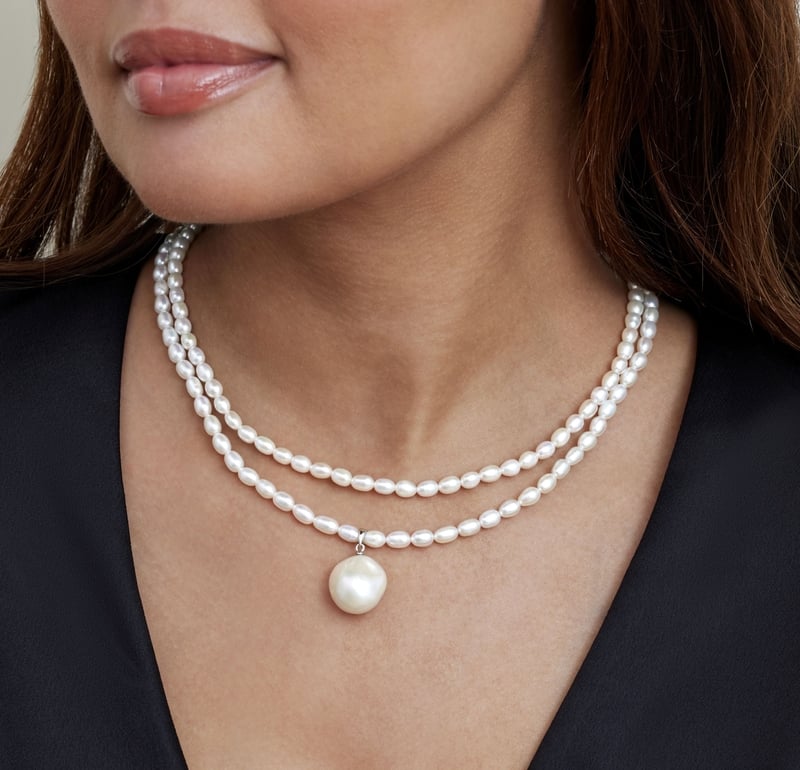 4.5-5.0mm Oval White Freshwater Pearl Double Strand Necklace - Model Image