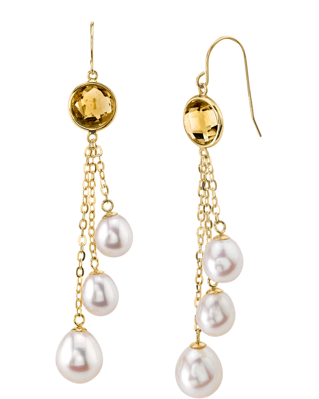 14K Gold Triple Freshwater Pearl & Citrine Dangle Aliyah Earrings