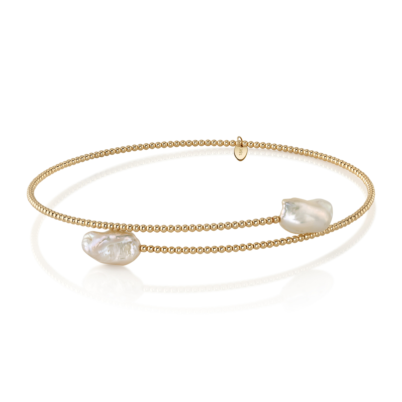 14K Gold White Baroque Freshwater Pearl Beaded Bangle Mira Necklace