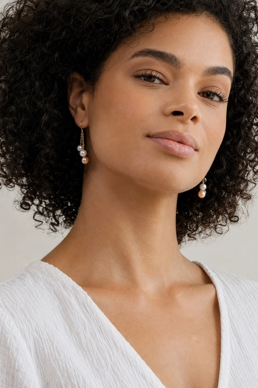 14K Gold Freshwater Multicolor Pearl Dangling Cluster Earrings - Model Image