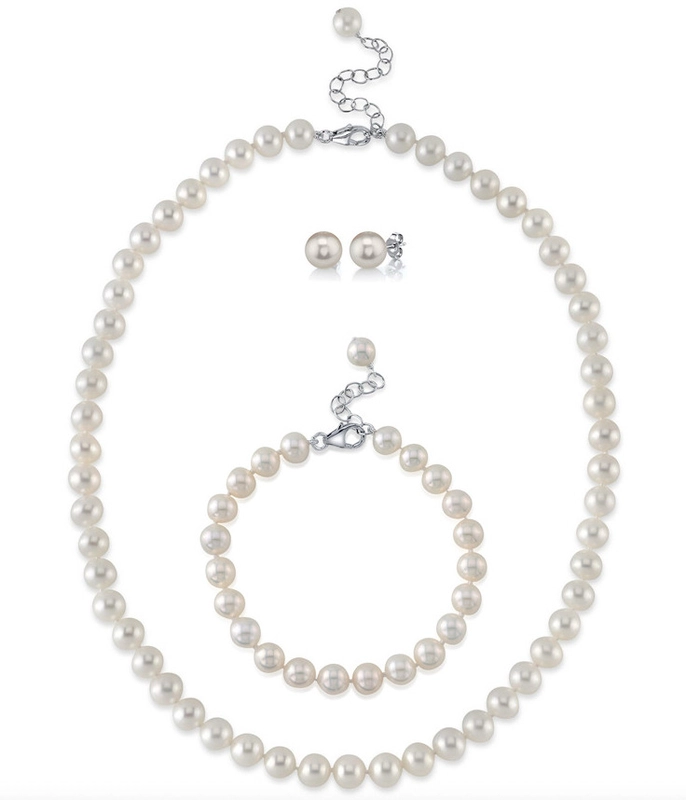 8.0-8.5mm White Freshwater Pearl Adjustable Necklace, Bracelet, Earrings Set