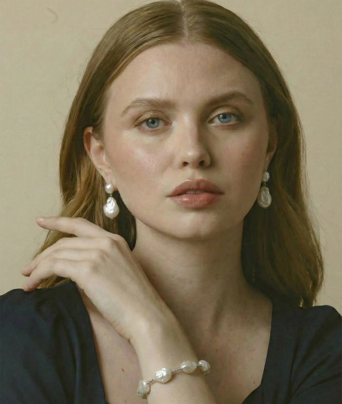 18K Gold White Baroque Freshwater Pearl Beaded Bangle Billie Bracelet - Model Image