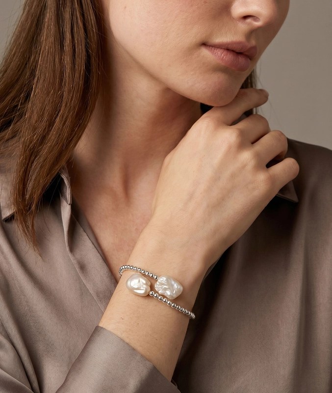 14K Gold White Baroque Freshwater Pearl Beaded Bangle Mira Bracelet - Model Image