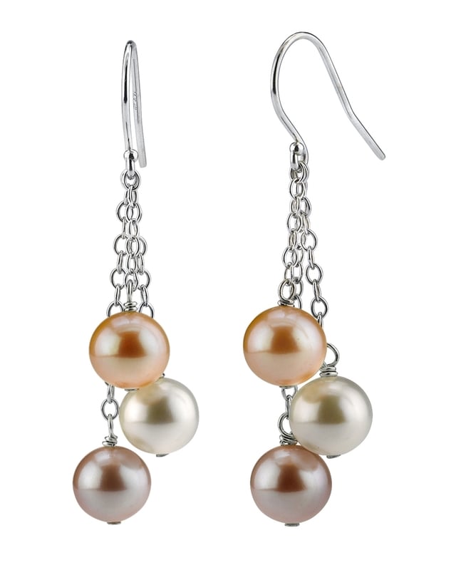 14K Gold Freshwater Multicolor Pearl Dangling Cluster Earrings