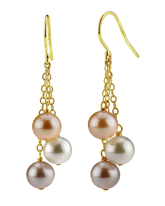 14K Gold Freshwater Multicolor Pearl Dangling Cluster Earrings - Third Image