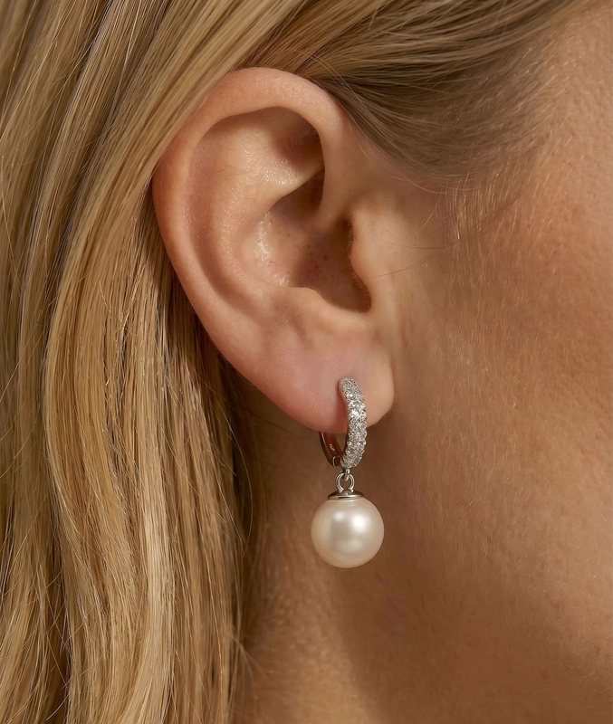 White South Sea Pearl & Diamond Huggie Eileen Earrings - Secondary Image