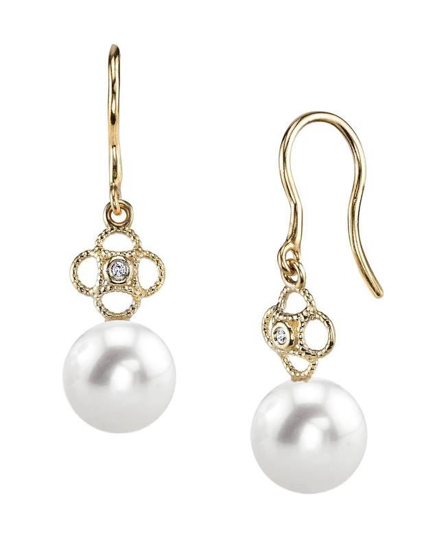 14K Gold Freshwater Pearl & Diamond Lacy Earrings - Secondary Image