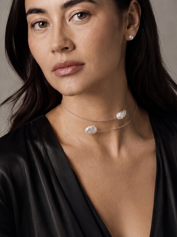14K Gold White Baroque Freshwater Pearl Beaded Bangle Mira Necklace