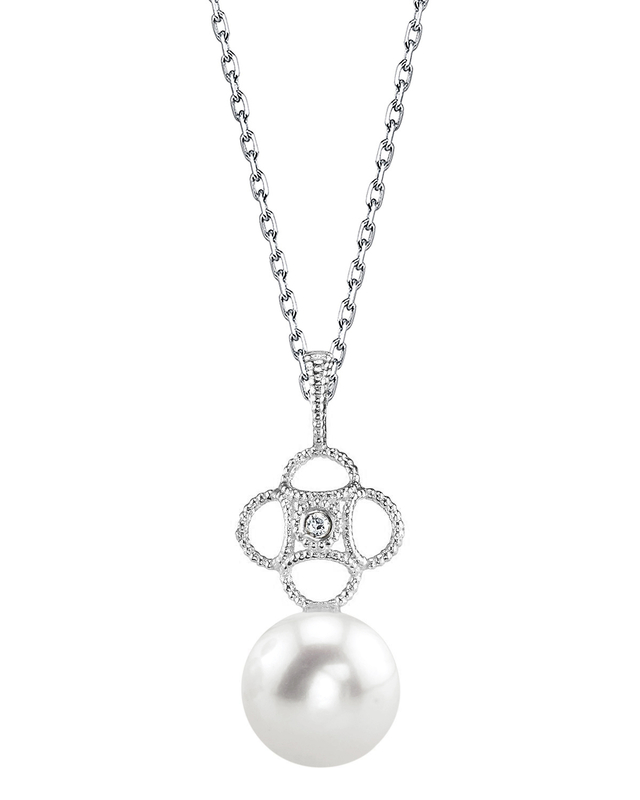 14K Gold Freshwater Pearl & Diamond Lacy Pendant