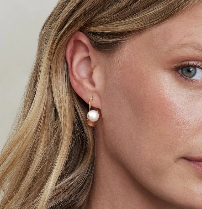 White South Sea Pearl Hoop Sloane Dangling Earrings - Model Image