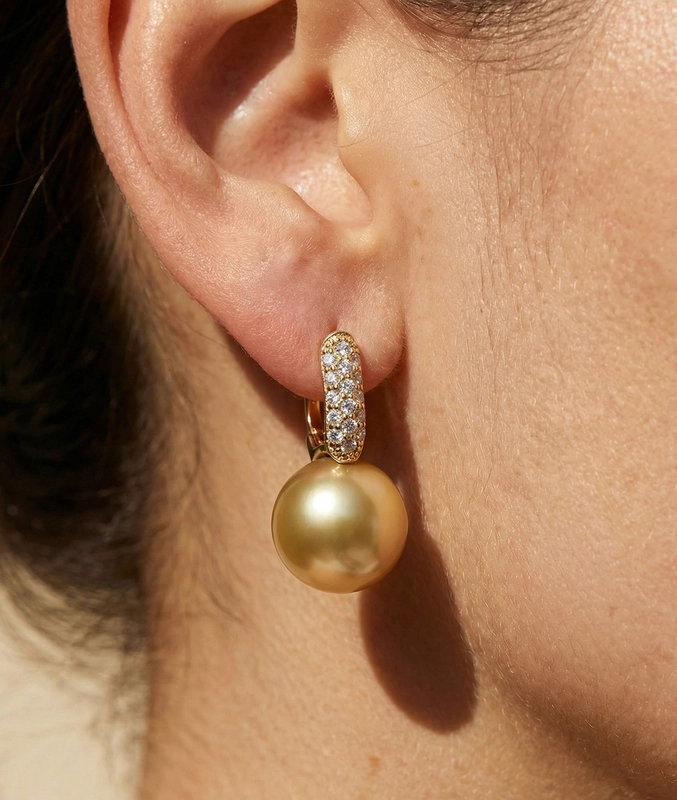 Golden South Sea Pearl & Diamond Huggie Emily Earrings - Secondary Image