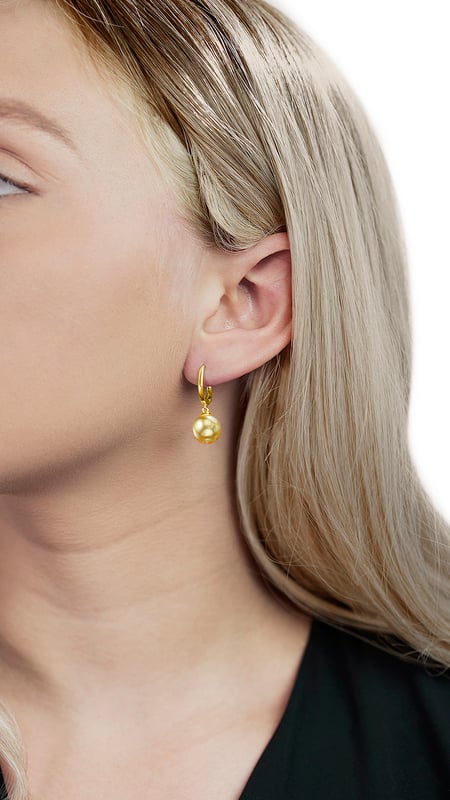 Golden South Sea Pearl Huggie Mary Earrings - Model Image