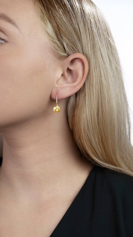 Model is wearing Susan earrings with 9mm AAAA quality pearls