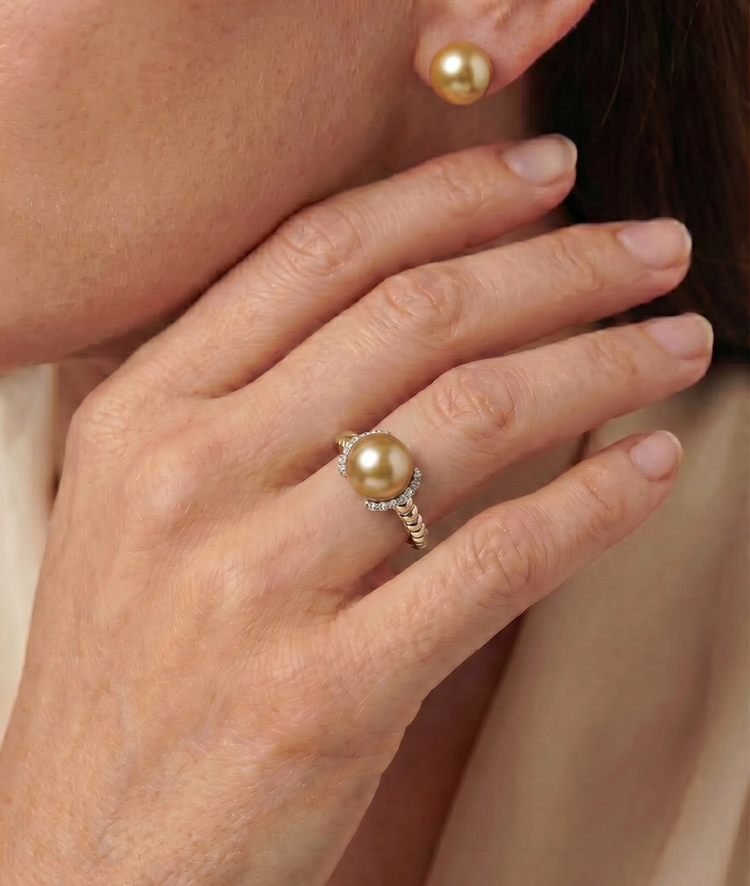 Golden South Sea Pearl & Diamond Jackie Ring - Model Image