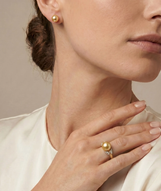 Golden South Sea Pearl & Diamond Nora Ring - Model Image