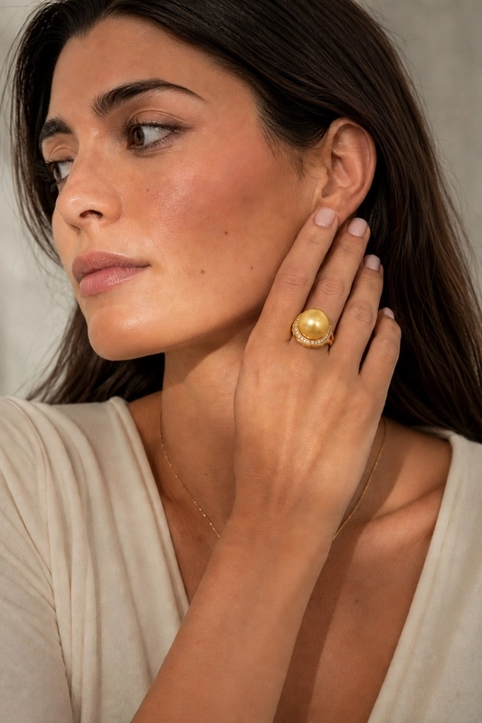 Golden Pearl & Diamond Bella Ring - Model Image