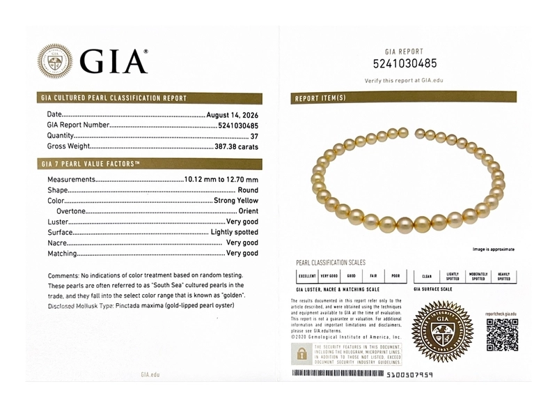 10-12mm Golden South Sea Round Pearl Necklace AAAA Quality - GIA Certified - Secondary Image