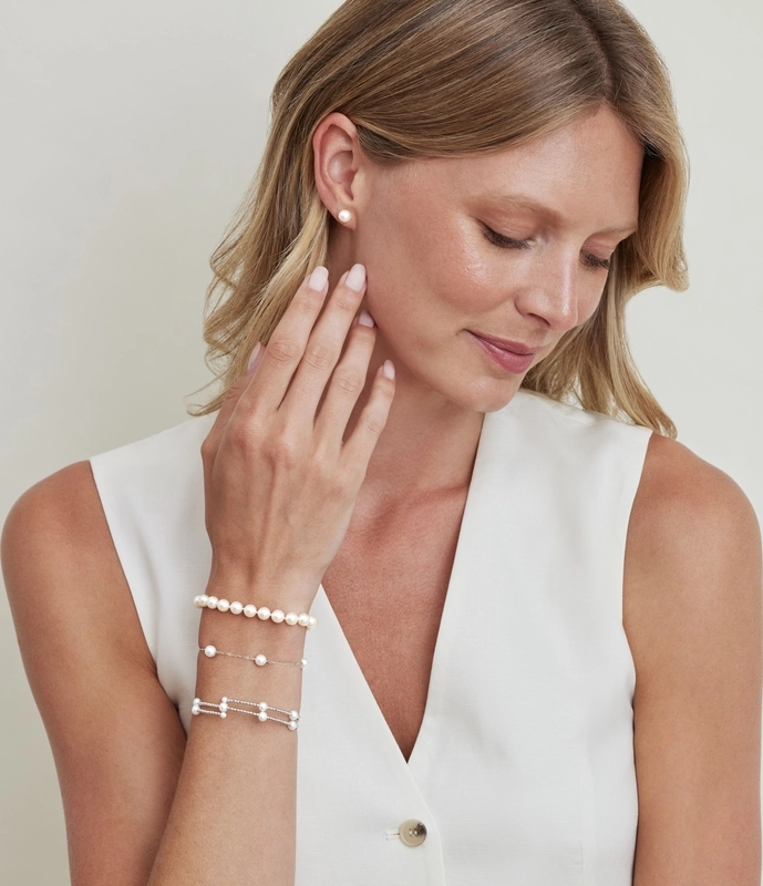 thumbnail image 2 of Genuine 2-Row White Akoya Cultured Pearl Bracelet (7-8mm) – Handmade With Gold Plated Sunflower Clasp 2 of 5