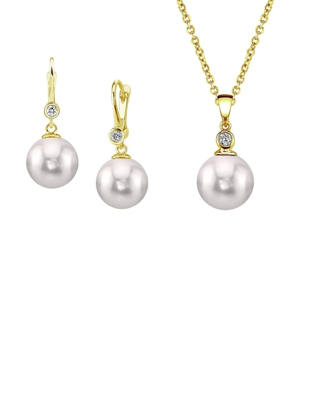 14K Gold White Akoya Cultured Pearl & Diamond Michelle Jewelry Set