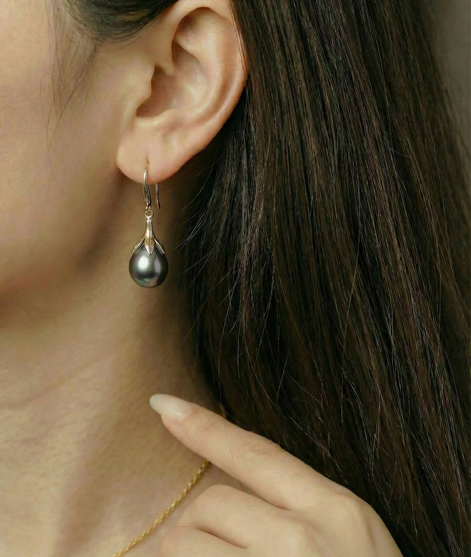 10-11mm Tahitian South Sea Pearl Rose Gold Plated Olive Pendant and Earrings Set - Secondary Image