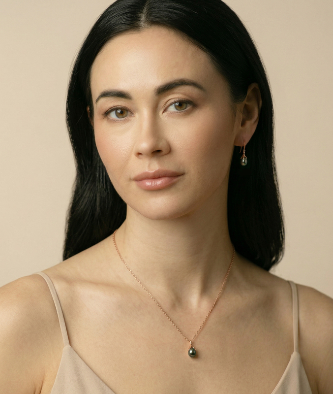 10-11mm Tahitian South Sea Pearl Rose Gold Plated Olive Drop Pendant and Earrings Set - Model Image