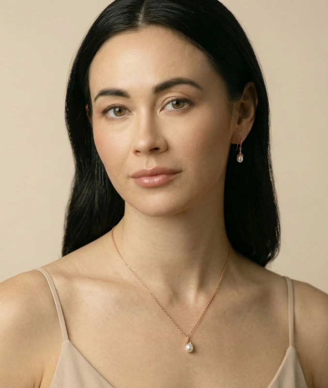 10-11mm Freshwater Pearl Rose Gold Plated Olive Drop Pendant and Earrings Set - Model Image