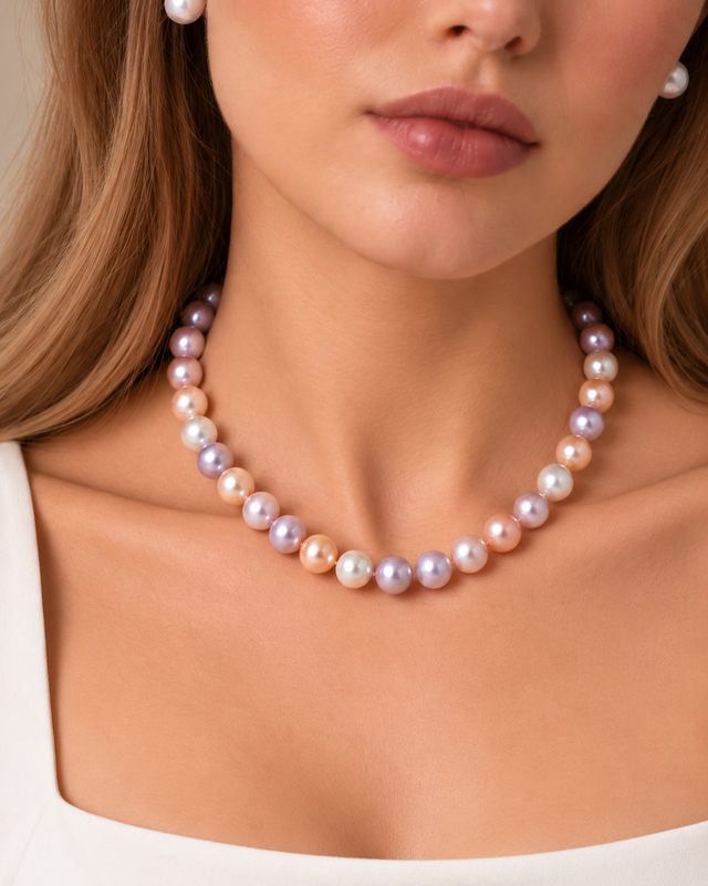 9.5-10.5mm Multicolor Freshwater Pearl Necklace - AAA Quality - Model Image
