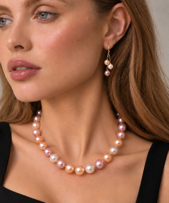 11.5-12.5mm Freshwater Multicolor Pearl Necklace - AAA Quality - Model Image
