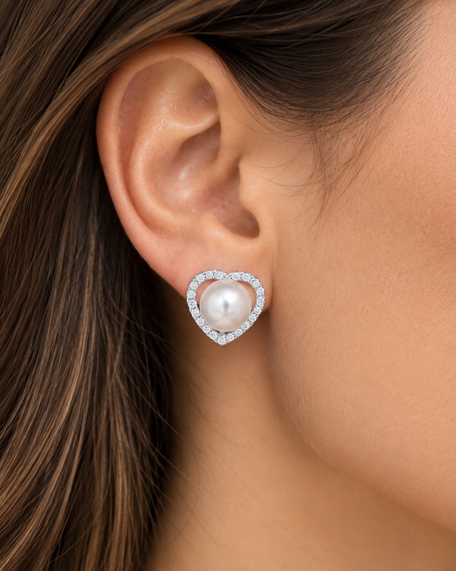 Akoya Pearl & Diamond Heart Amour Earrings - Model Image