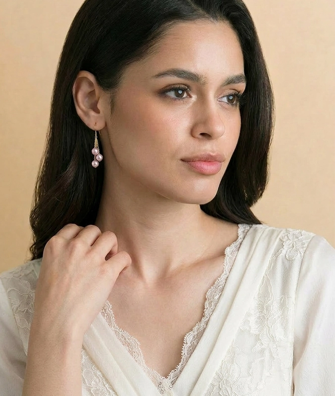 14K Gold Pink Freshwater Pearl Dangling Cluster Earrings - Model Image