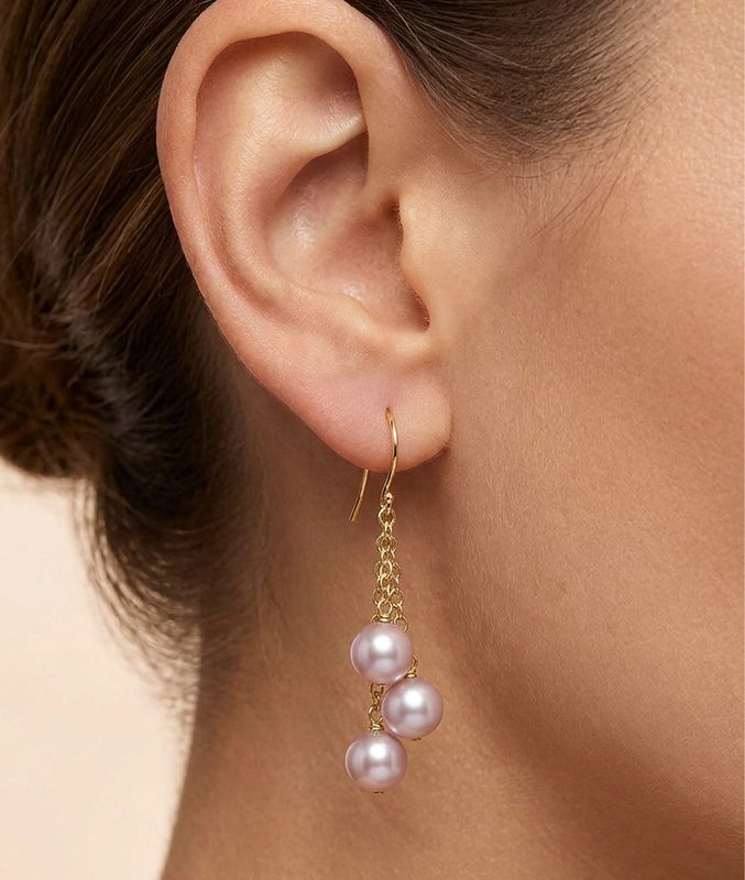 14K Gold Pink Freshwater Pearl Dangling Cluster Earrings - Secondary Image