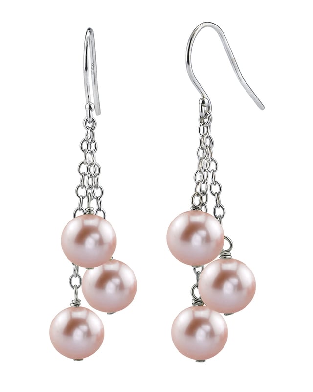 14K Gold Pink Freshwater Pearl Dangling Cluster Earrings