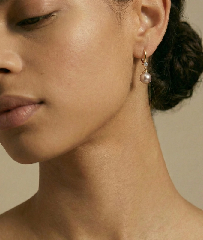 Pink Freshwater Pearl & Diamond Michelle Earrings - Model Image