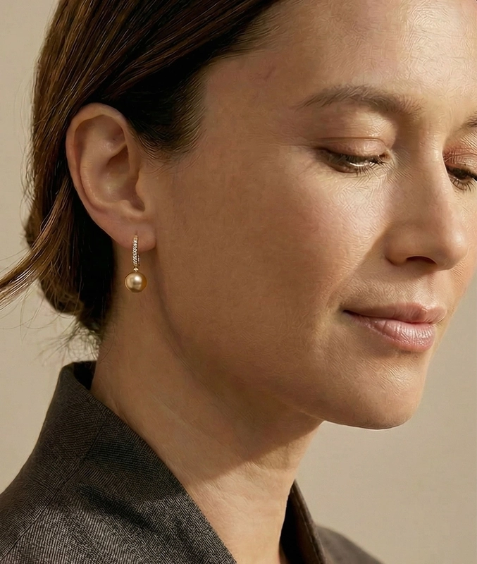 Golden Pearl Dangling Diamond Earrings - Model Image