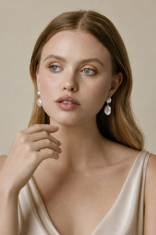Model wearing White Freshwater Baroque Pearl Earrings featuring sculptural organically shaped cultured pearls in sterling silver