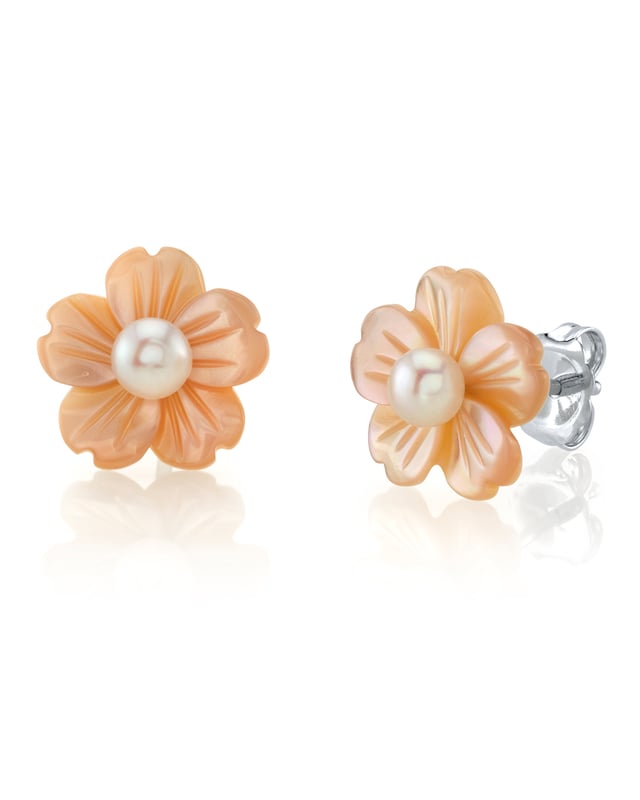 White Freshwater Button-Shape Cultured Pearl on Mother of Pearl Flower Lotus Earrings