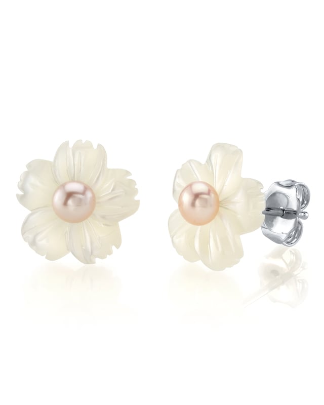 Mother of Pearl Color Blossom Stud Earrings Square White